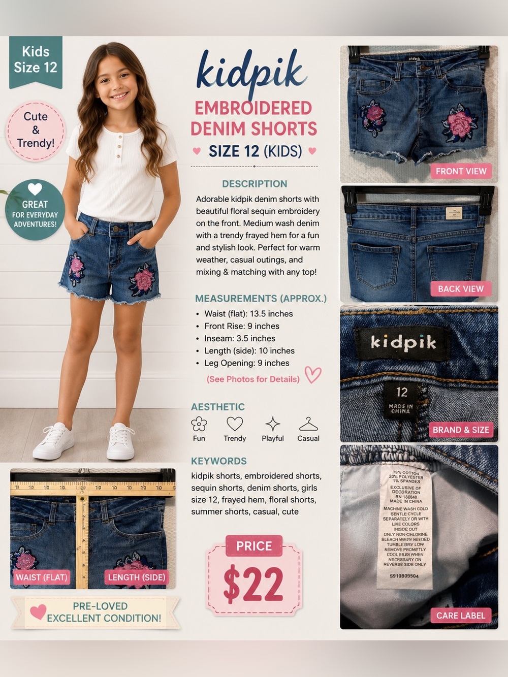 kidpik Dark Blue Denim Shorts with Pink Floral Sequin Patches